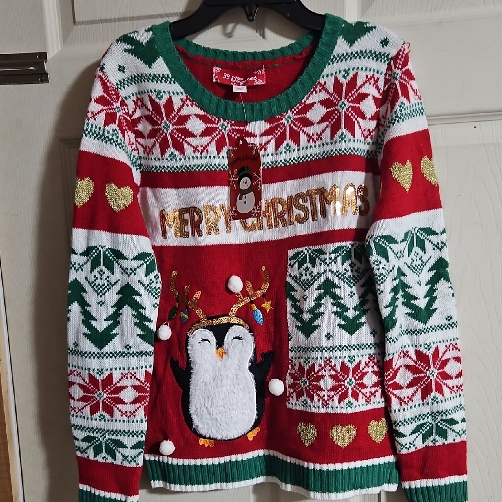 33 DEGREES PENGUIN RED/GREEN/WHITE CHRISTMAS SWEATER: New With Tags: SIZE XL(16)